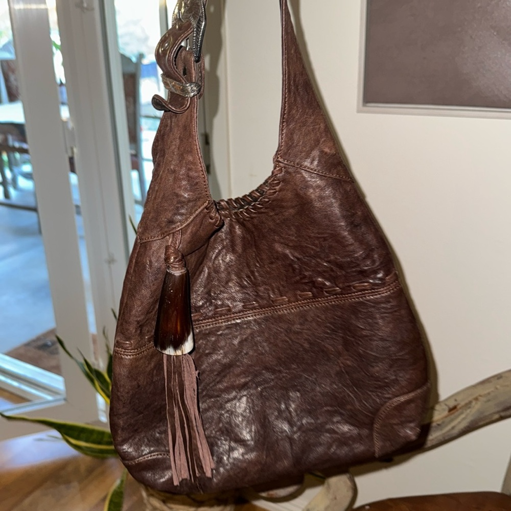 Viva Bags of California Brown Leather Boho Bag with Horn & Fringe